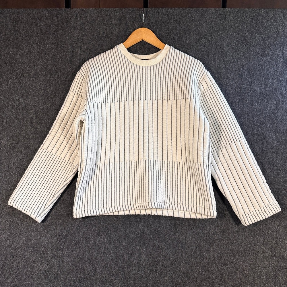Zara Womens Quilted Vertical Stripe Sweatshirt Cream Black Oversized Boxy Small